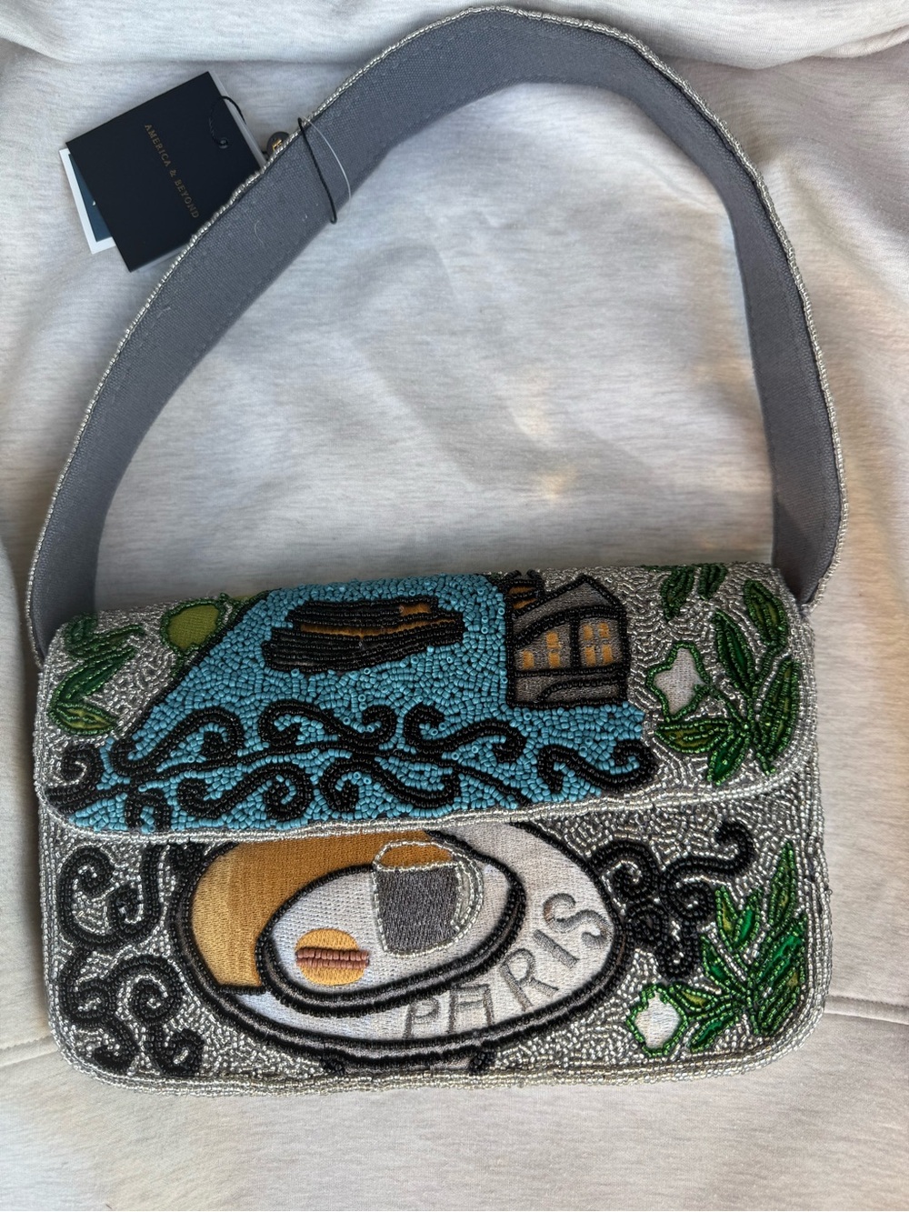 Marshalls Beaded Paris Motif Shoulder Bag - Blue, Silver, Green, Tan
